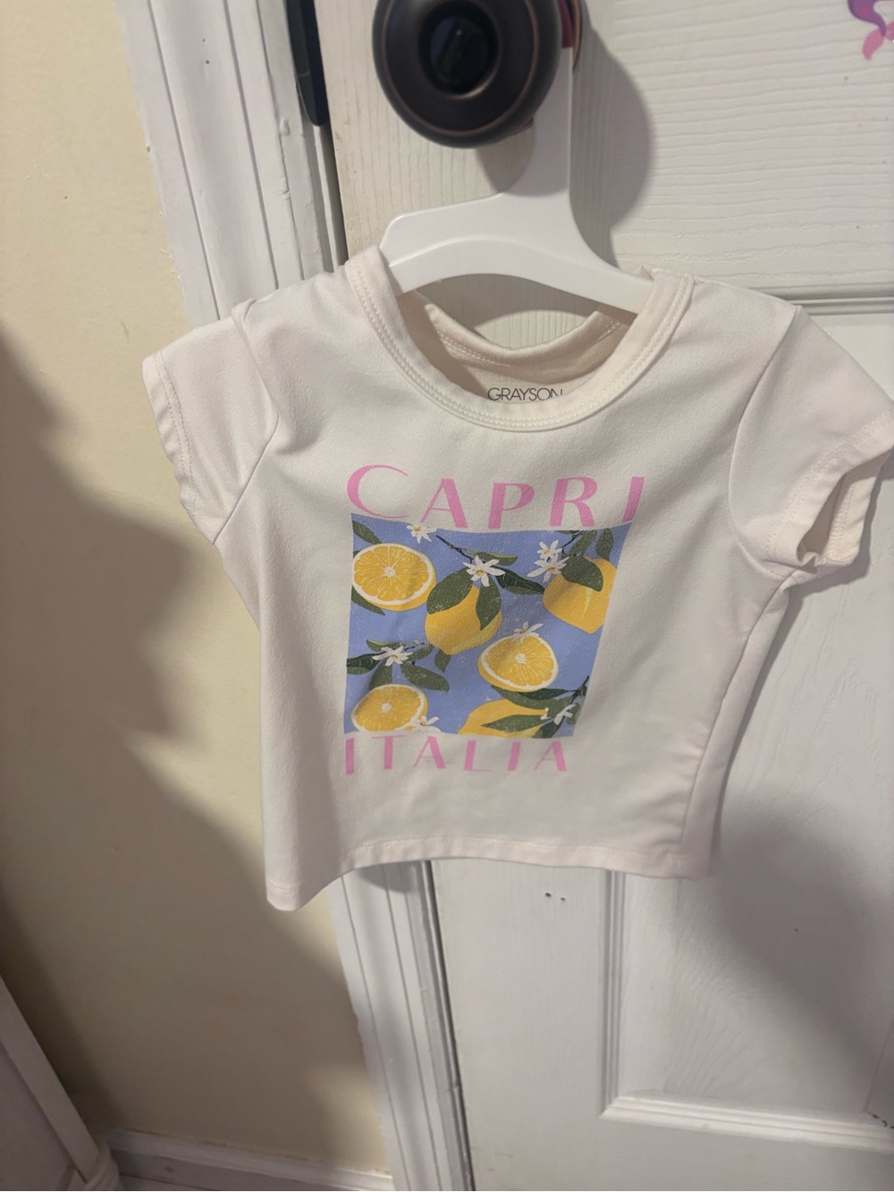 Old Navy Cream Tee with Lemon Graphic and Pink Text